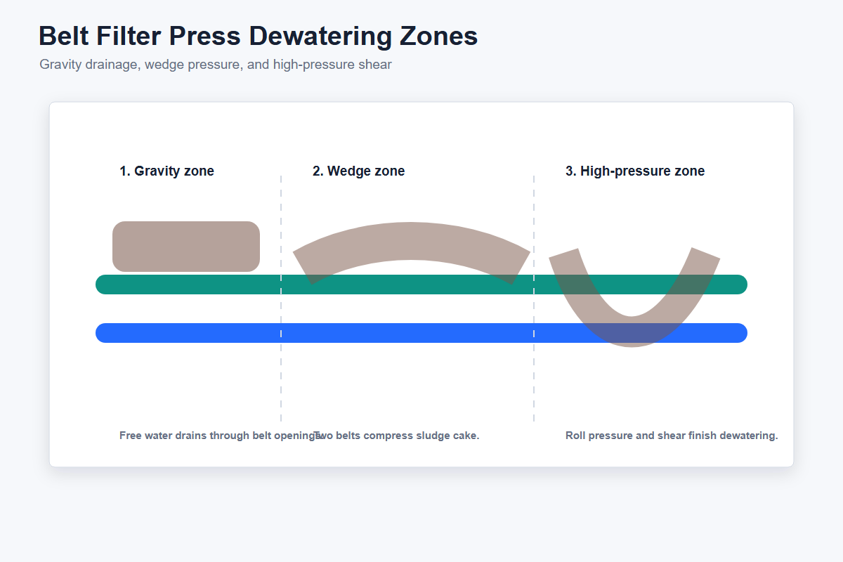 Belt filter press three-zone dewatering process: gravity drainage zone, wedge/low-pressure zone, and shear/high-pressure zone