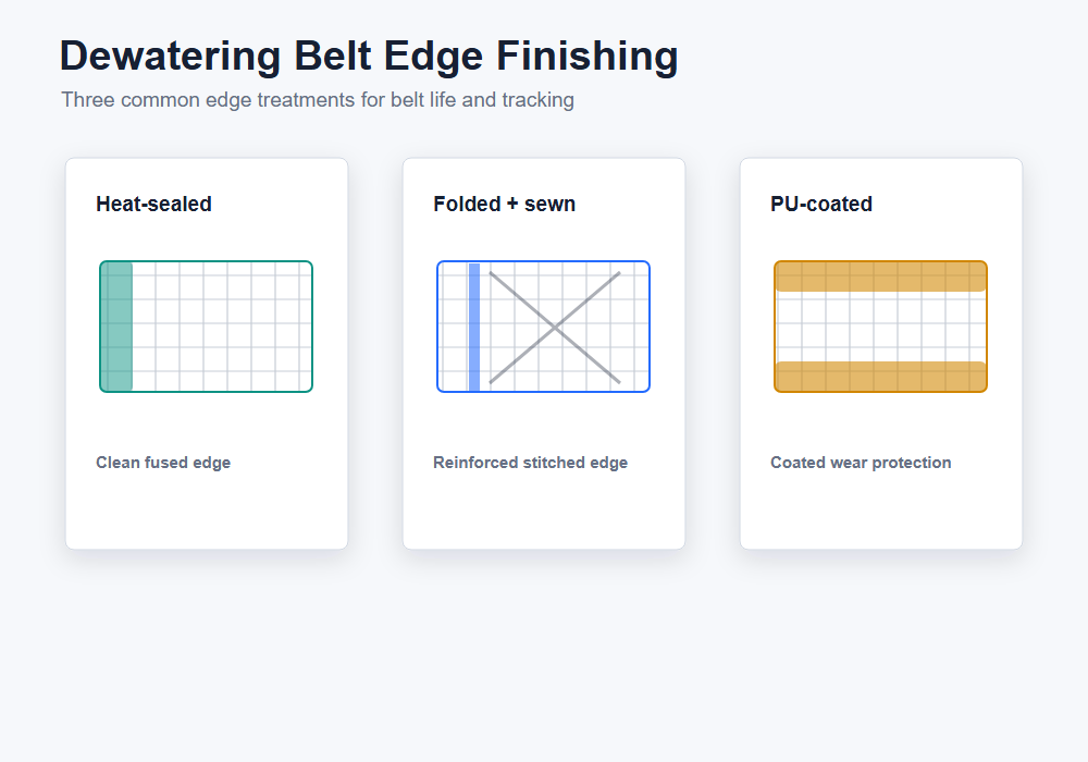 Sludge dewatering belt edge finishing types: heat-sealed (left), folded-and-sewn (center), and PU-coated (right)