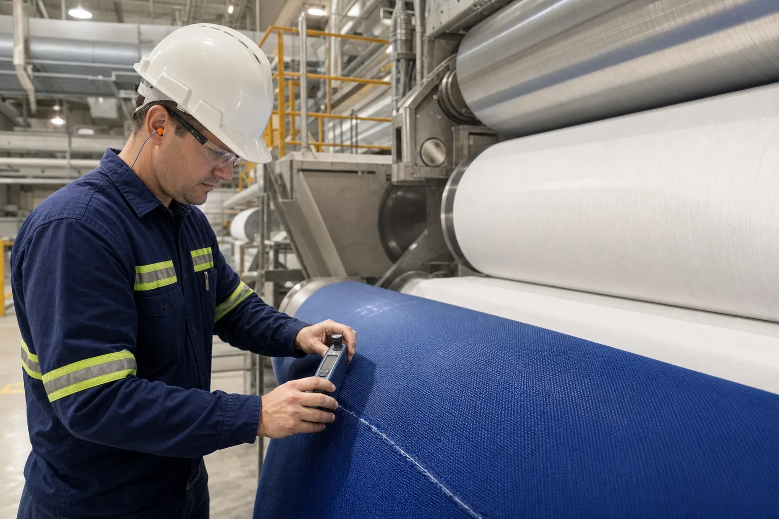 Application engineer inspecting polyester dryer fabric near the dryer section