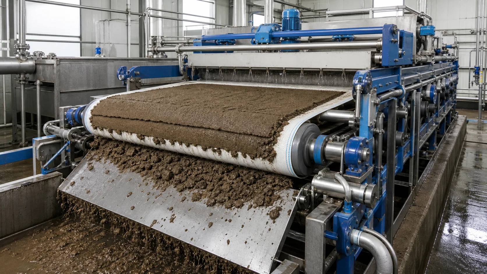 Sludge cake discharge and belt path on a belt filter press